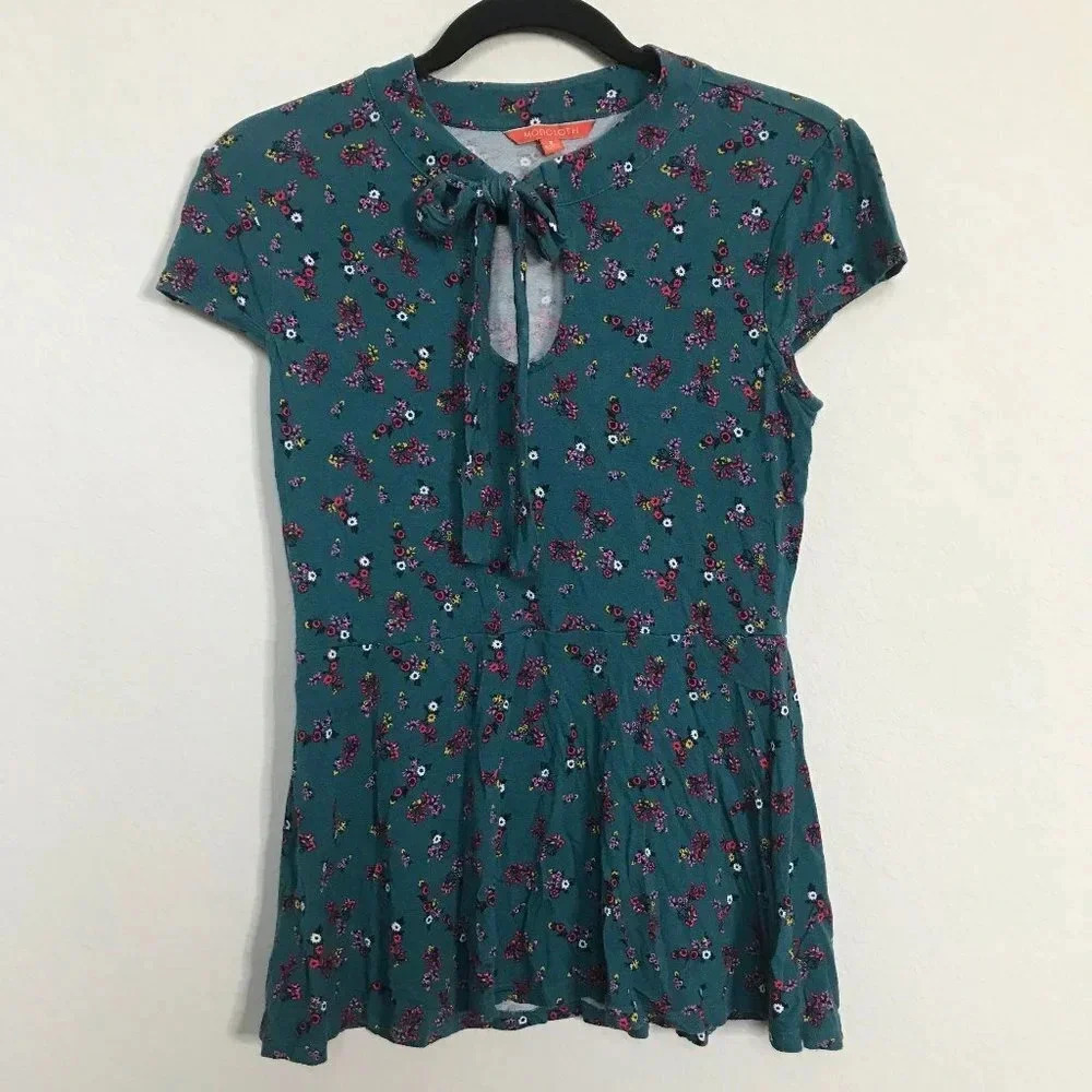 Modcloth Floral Teal Peplum Top - Picture 2 of 5